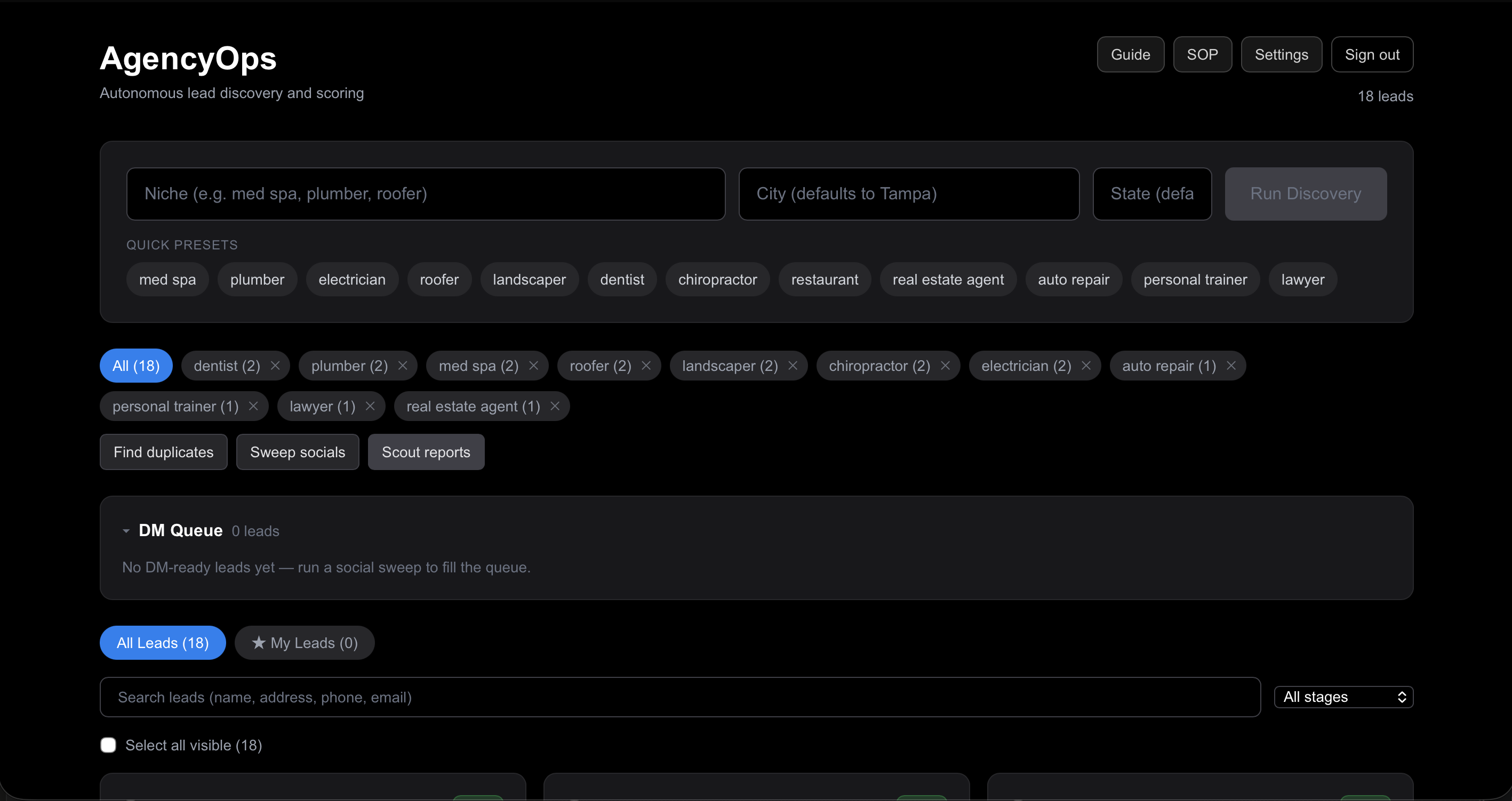 AgencyOps discovery: pick a niche and city, run discovery, and leads appear scored and filtered