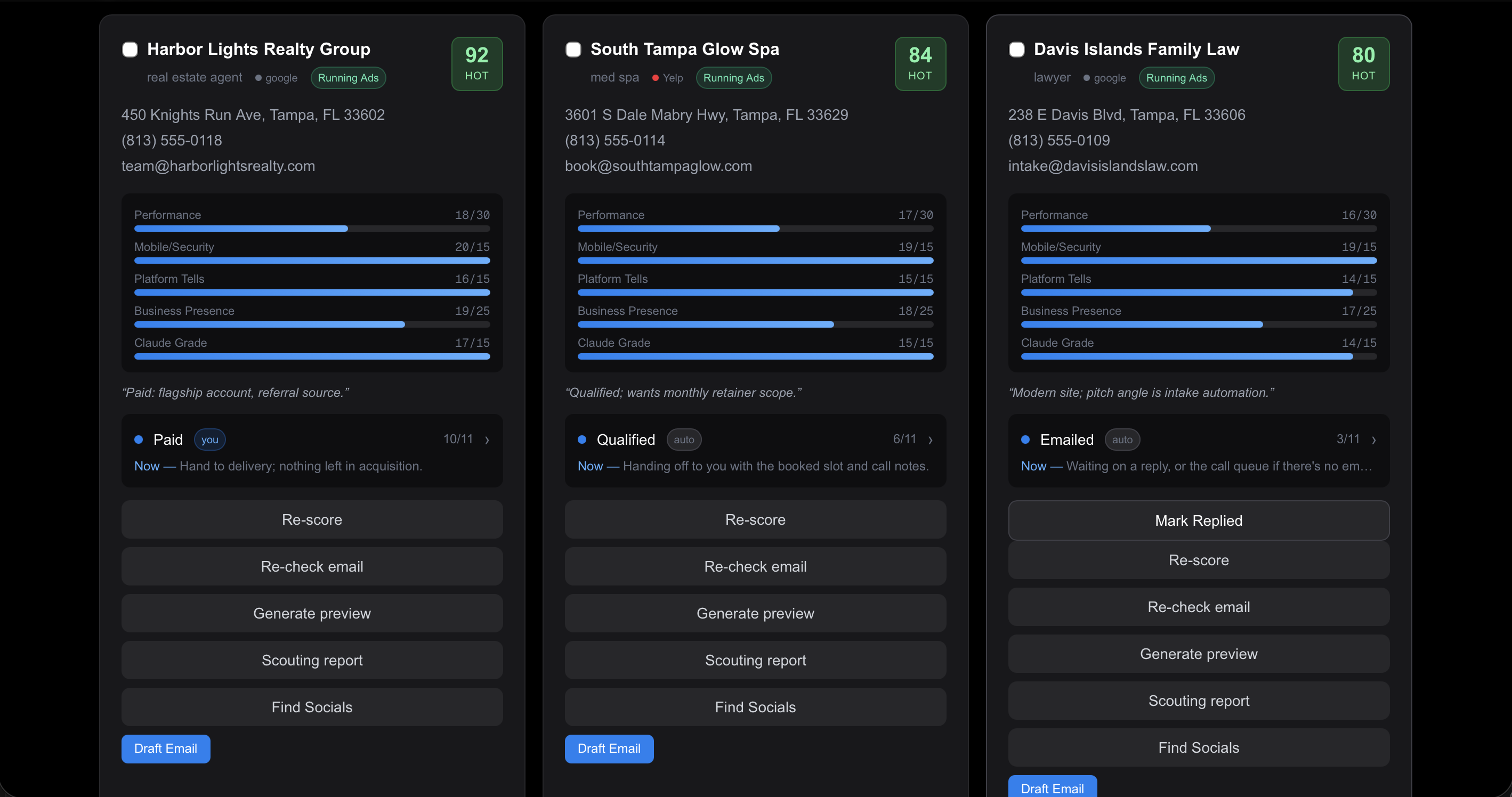 AgencyOps lead cards showing scored prospects with pipeline stages and one-click actions